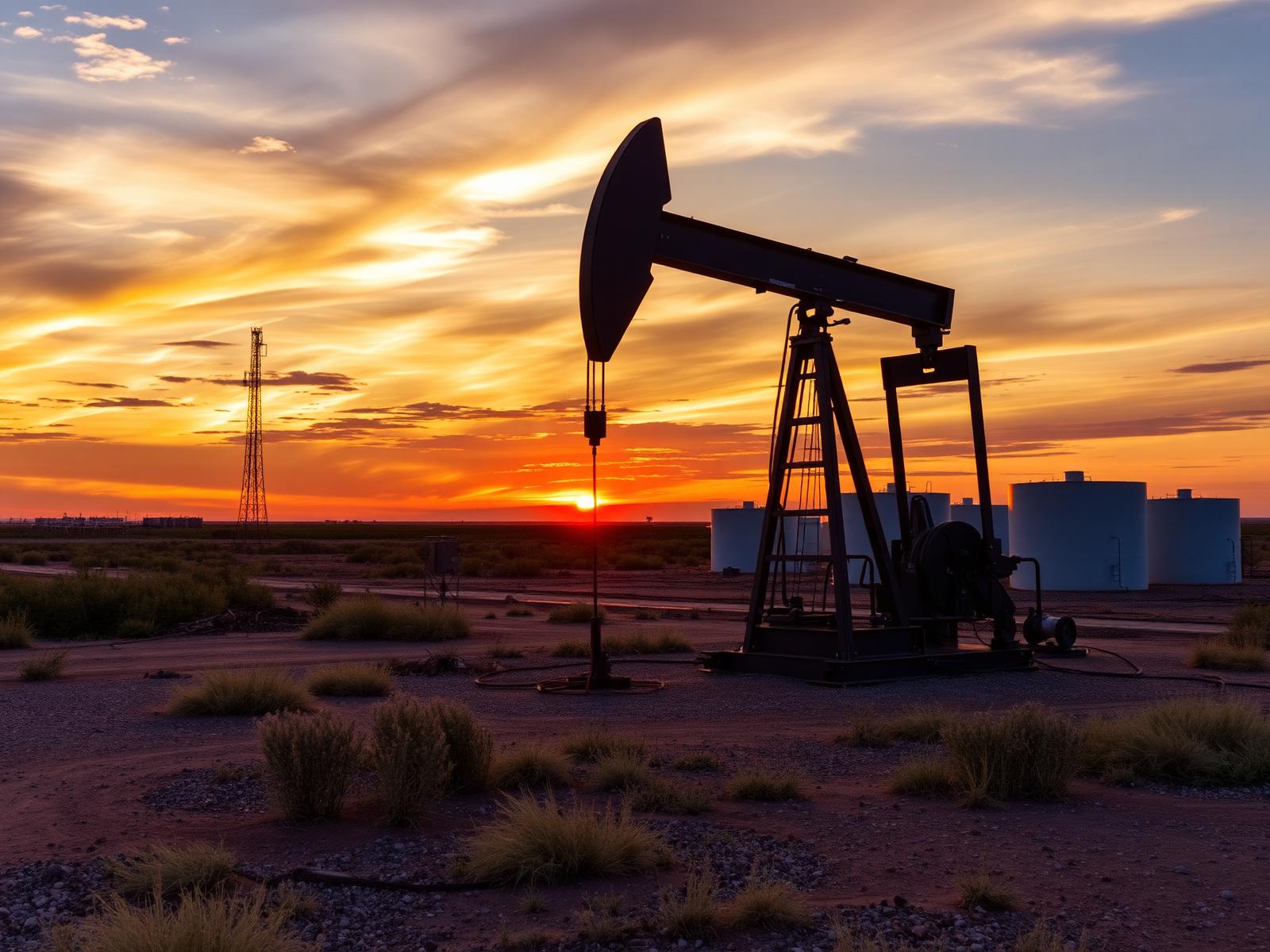 Oilfield monitoring at sunset